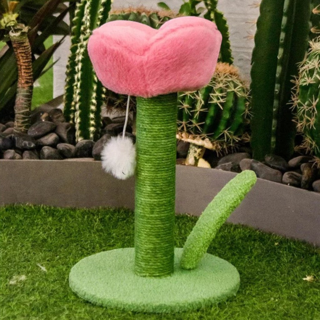 Petit griffoir pour chat Esprit Chat en forme de tulipe rose avec poteau en sisal vert sur socle rond