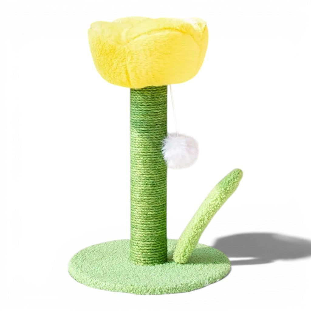 Griffoir pour chat Esprit Chat en forme de tulipe jaune avec poteau en sisal vert et base ronde texturée