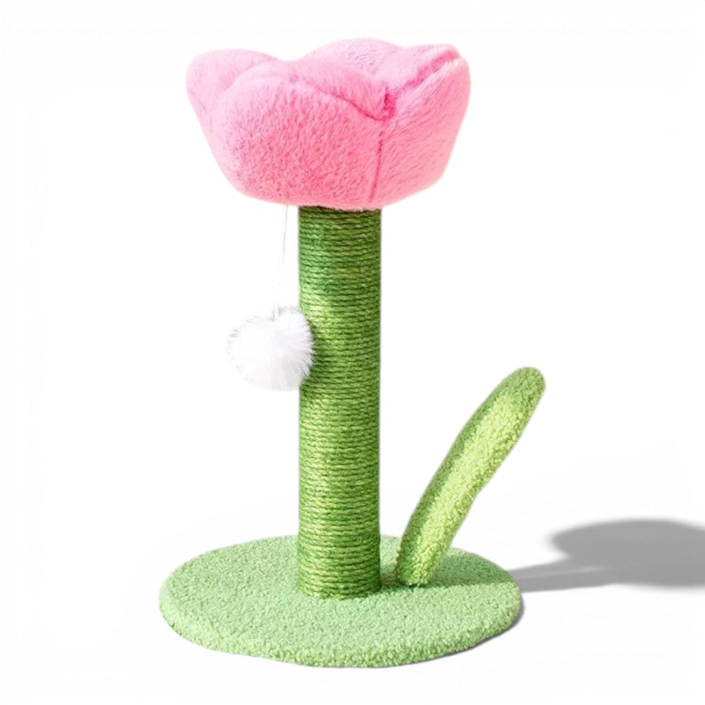Griffoir pour chat Esprit Chat en forme de tulipe rose et verte avec poteau en sisal et jouet pompon suspendu