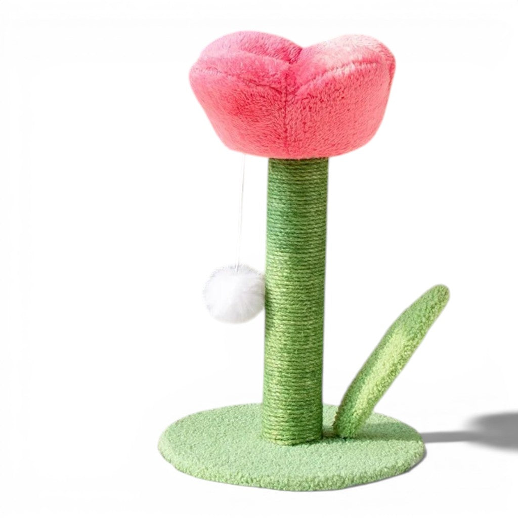 Griffoir pour chat Esprit Chat en forme de tulipe rose et verte avec poteau en sisal et pompon suspendu