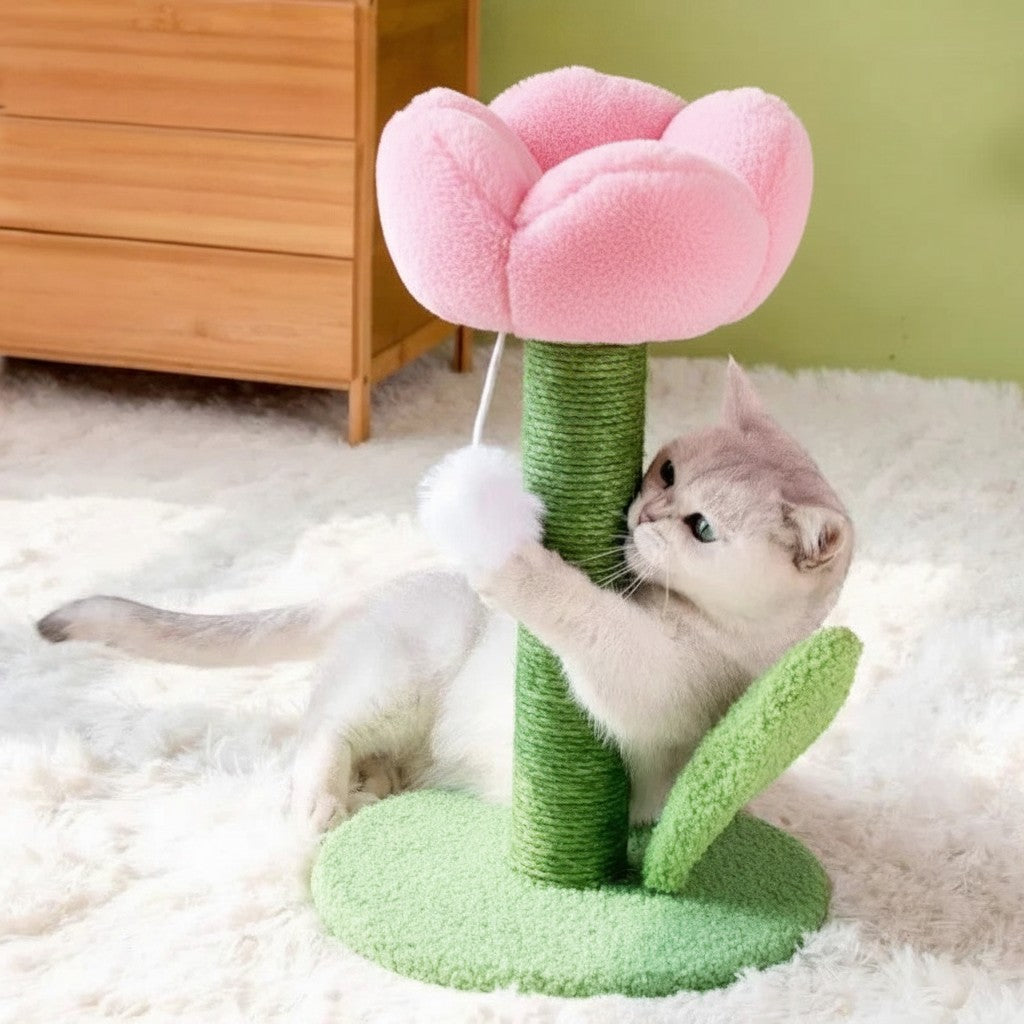Petit griffoir pour chat Esprit Chat en forme de tulipe rose avec poteau en sisal vert et base en tissu