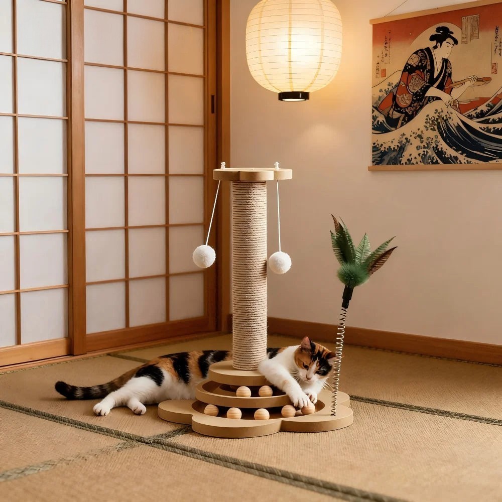 Griffoir chat vertical Esprit Chat en bois naturel avec poteau en sisal et jouets suspendus, un chat tricolore joue avec.