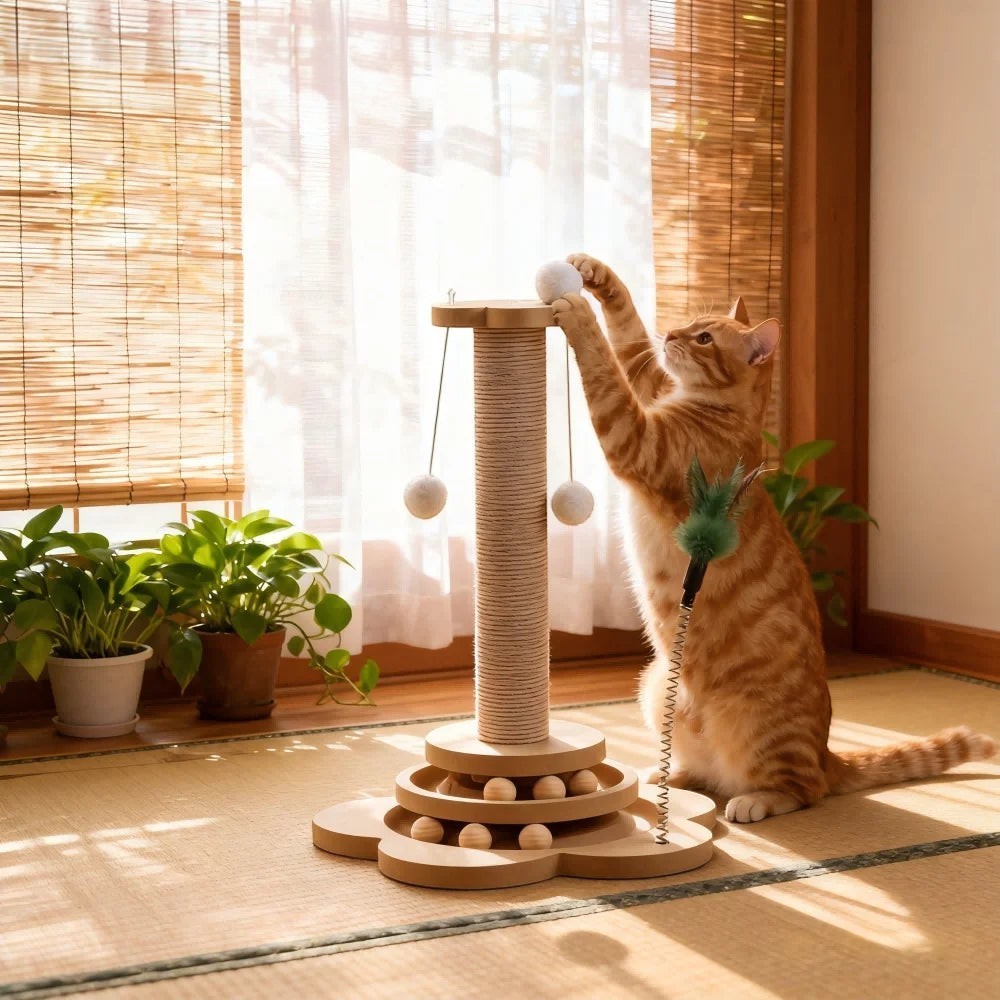 Griffoir chat vertical en bois naturel avec sisal, jouets suspendus et plateforme à billes, par Esprit Chat.