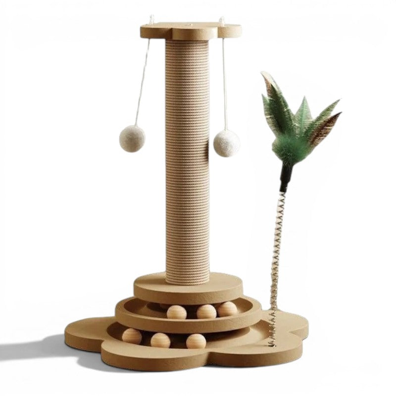 Esprit Chat Griffoir Chat Vertical en bois avec jouets suspendus et balles intégrées, idéal pour l'escalade et le jeu.