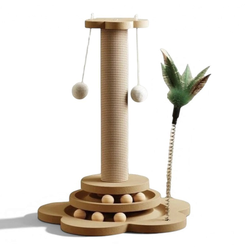 Esprit Chat Griffoir Chat Vertical en bois avec jouets suspendus et balles intégrées, idéal pour l'escalade et le jeu.