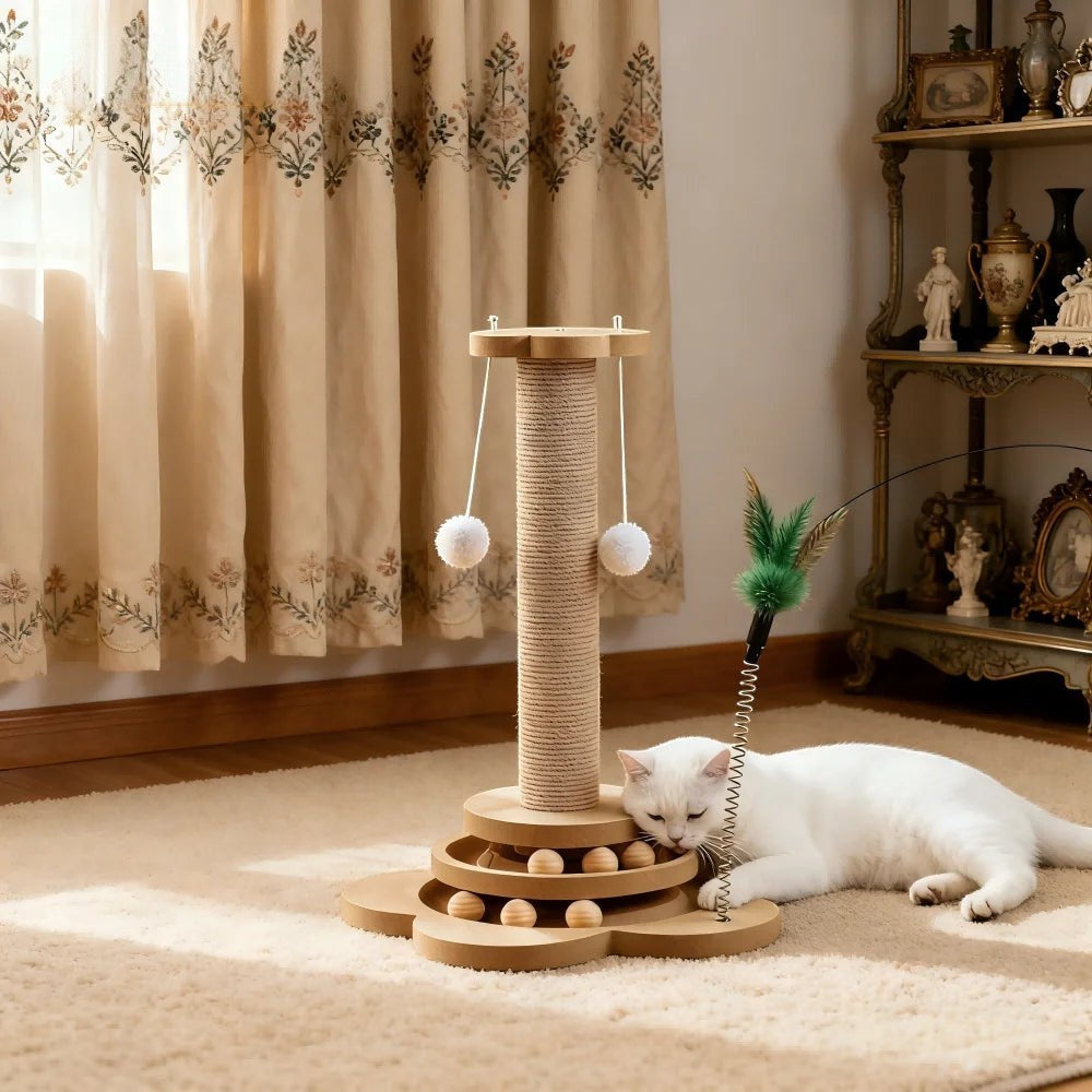 Esprit Chat Griffoir Chat Vertical en bois avec jouets suspendus et balle en sisal, un chat blanc se repose à côté.