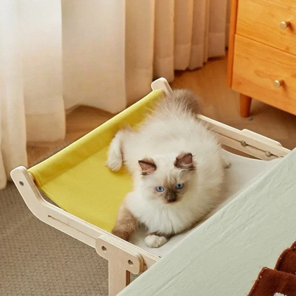 Chat Ragdoll aux yeux bleus allongé sur un hamac Esprit Chat en bois avec tissu jaune et blanc