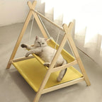 Hamac double Esprit Chat en bois avec toile jaune respirante pour chat se reposant confortablement