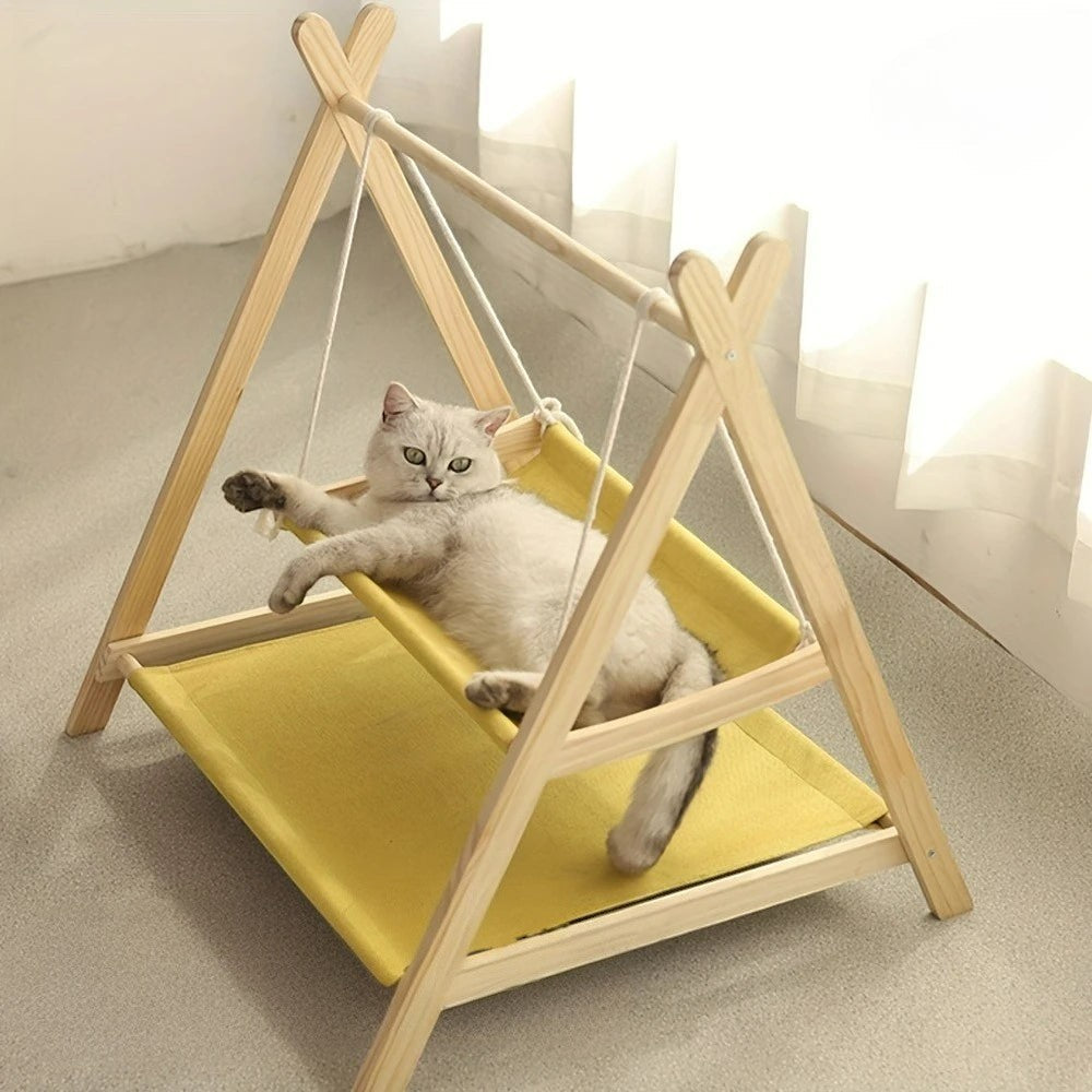 Hamac double Esprit Chat en bois avec toile jaune respirante pour chat se reposant confortablement
