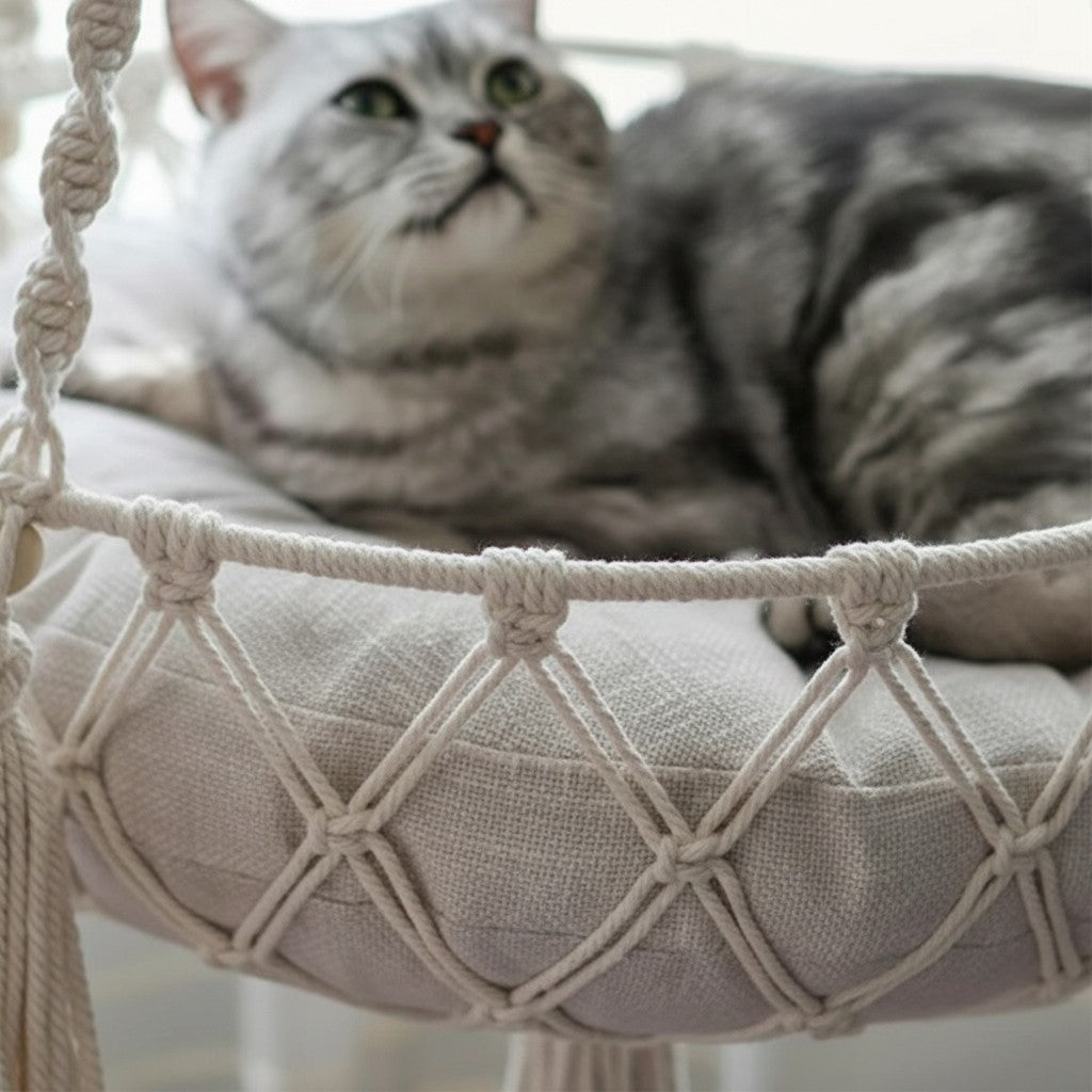 Hamac pour chat Esprit Chat en corde tressée beige avec coussin confortable pour un repos élégant et sécurisé