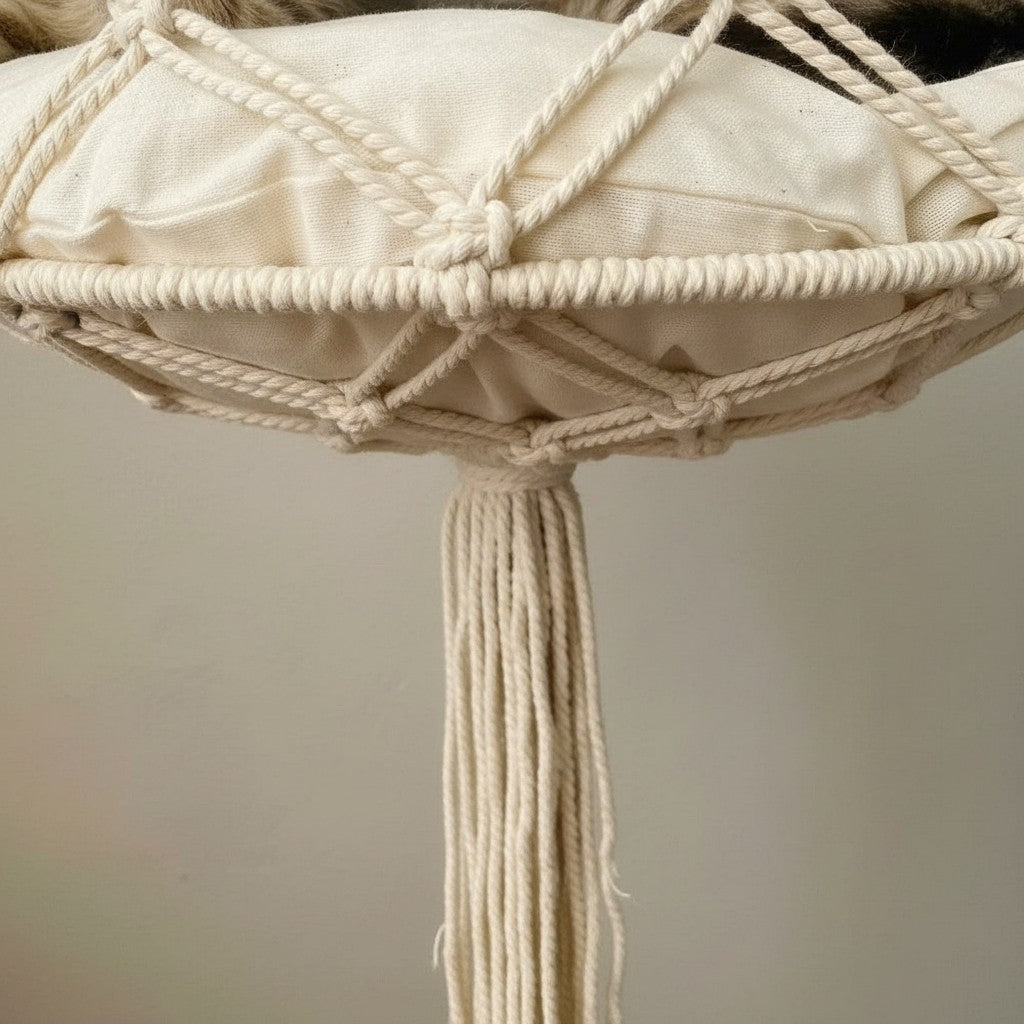 Hamac suspendu pour chat Esprit Chat en corde de coton tressée style bohème avec détails en macramé et pompon