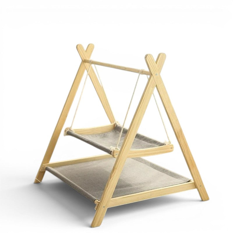 Hamac double pour chat Esprit Chat en bois clair avec deux niveaux de couchage en tissu gris respirant