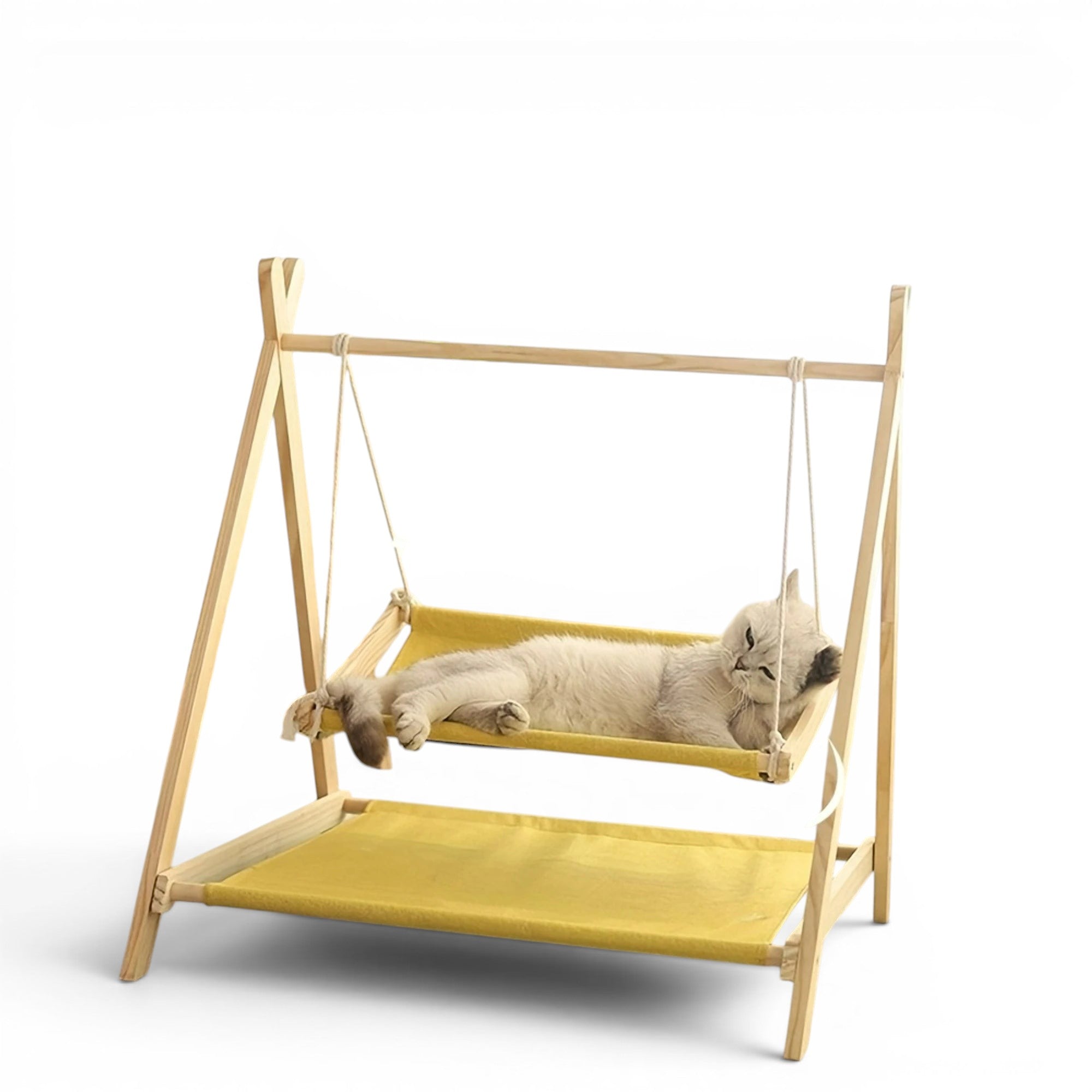 Hamac double Esprit Chat en bois avec couchages en tissu jaune respirant pour le repos confortable de deux chats