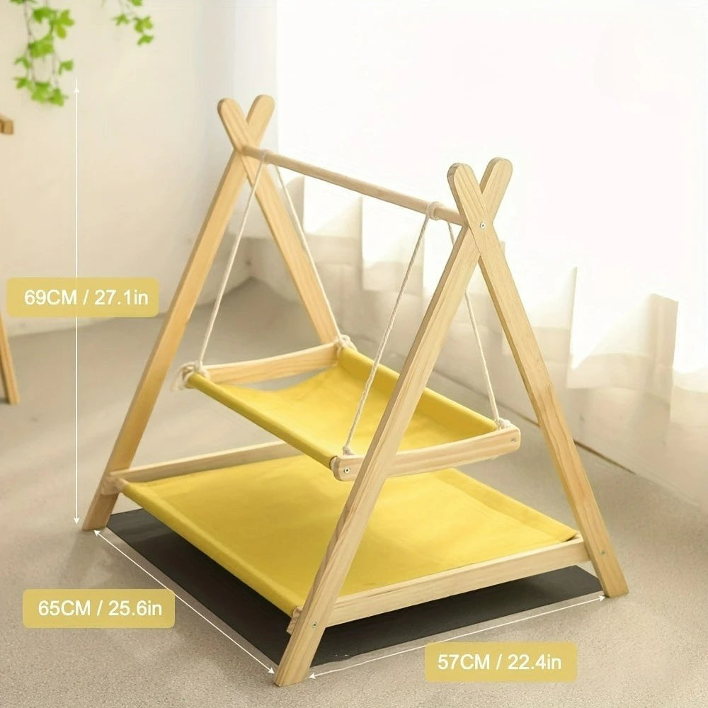 Hamac double Esprit Chat en bois avec couchages en toile jaune respirante pour le confort de vos chats