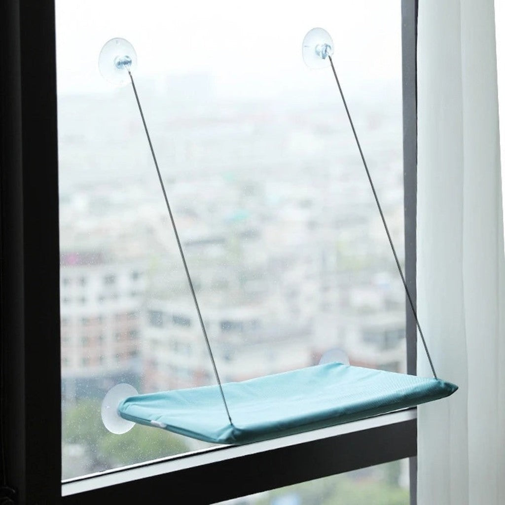 Hamac de fenêtre Esprit Chat bleu en suédine respirante avec ventouses robustes pour le repos de votre chat