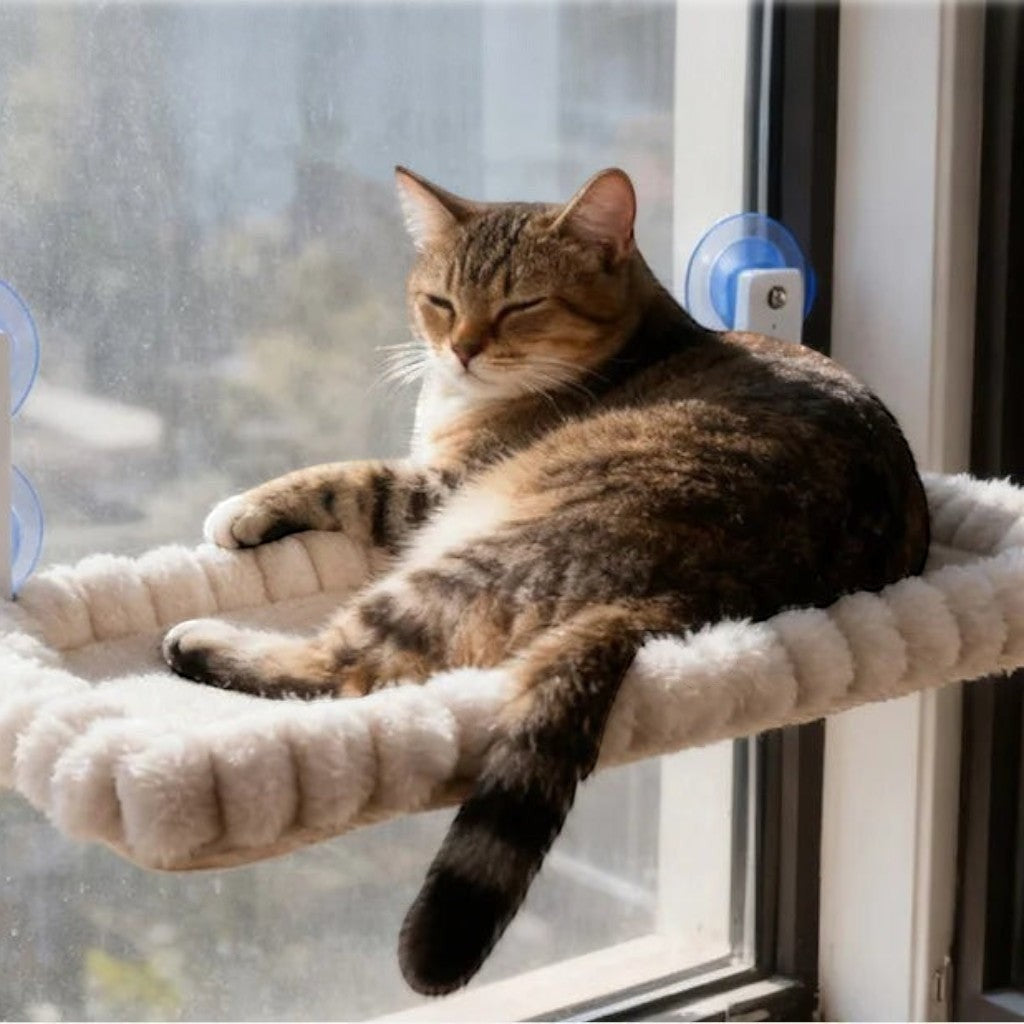 Chat tigré se reposant sur un hamac Esprit Chat en peluche beige fixé à une fenêtre par des ventouses robustes