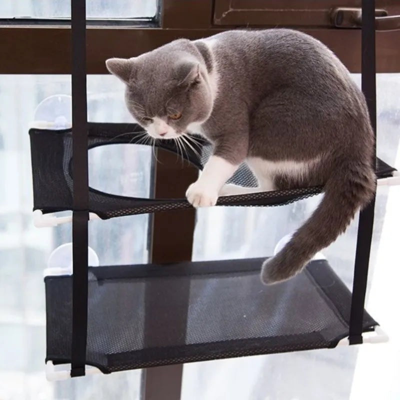 Hamac fenêtre double Esprit Chat en maille respirante noire avec ventouses pour chat gris sur une plateforme