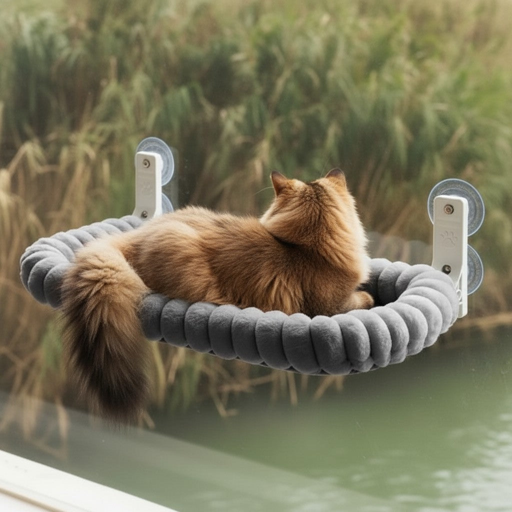 Hamac de fenêtre Esprit Chat en peluche grise avec ventouses robustes pour le repos et le bain de soleil du chat