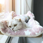 Hamac Esprit Chat pour fenêtre avec motif étoiles roses et blanches, confortable et lavable pour chat