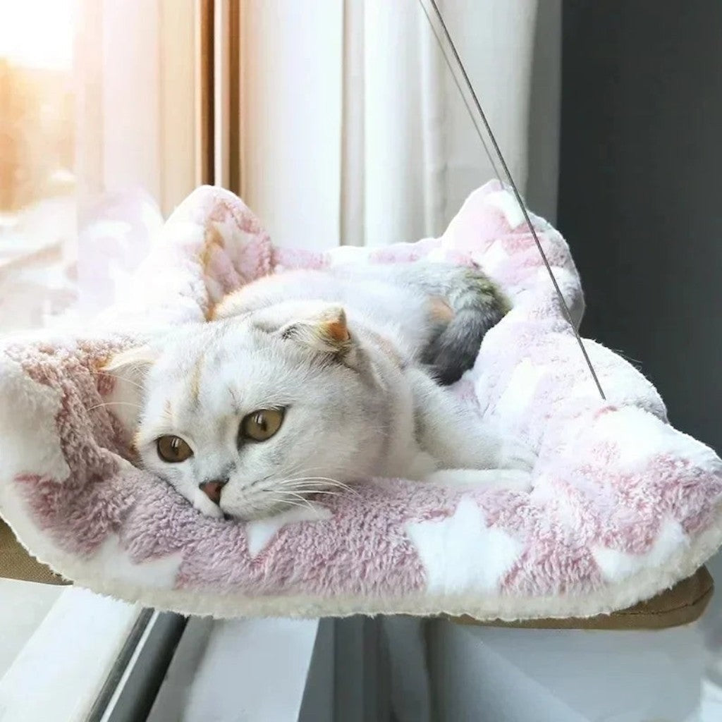 Hamac Esprit Chat pour fenêtre avec motif étoiles roses et blanches, confortable et lavable pour chat