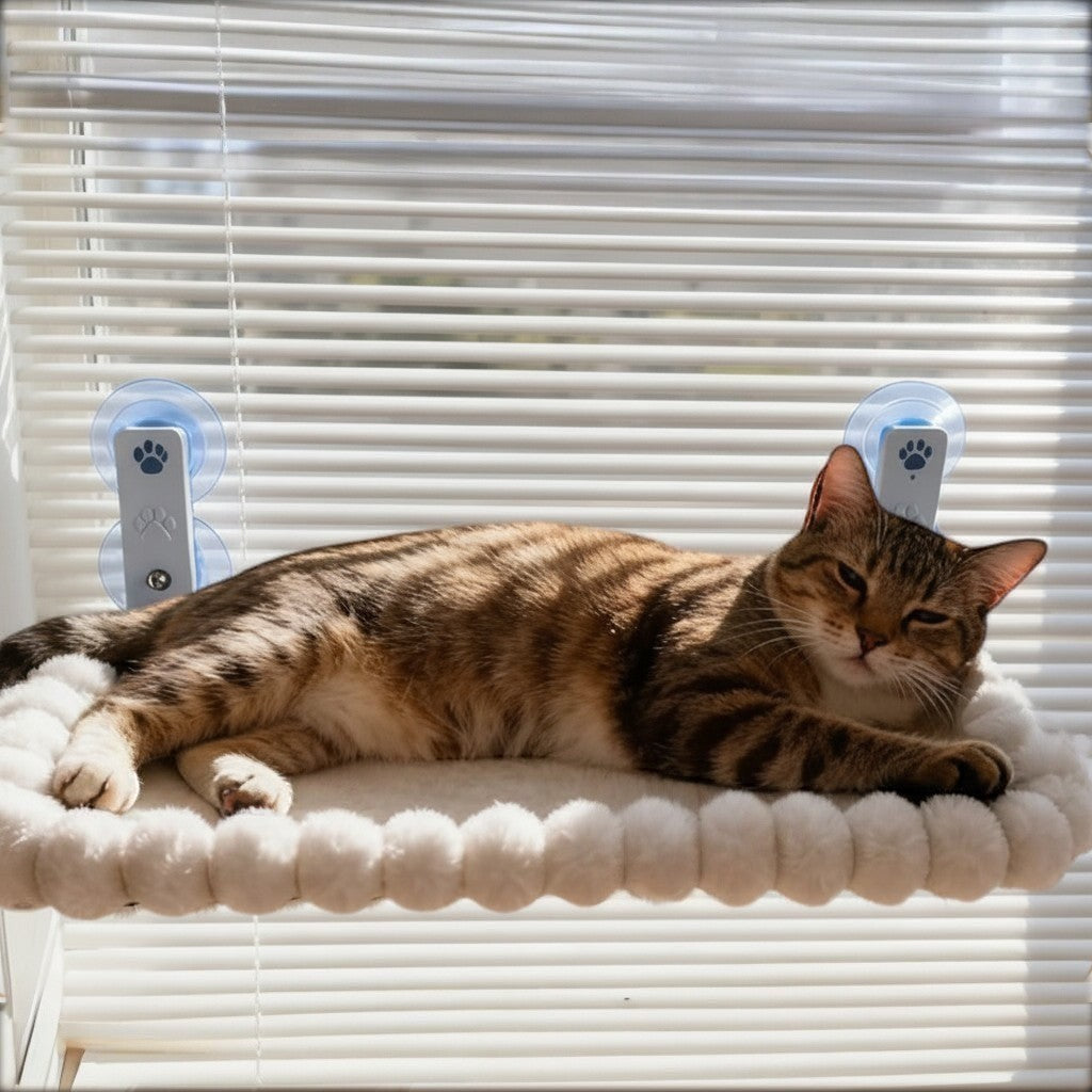 Chat tigré se reposant sur un hamac Esprit Chat blanc à ventouses fixé à une fenêtre avec des stores