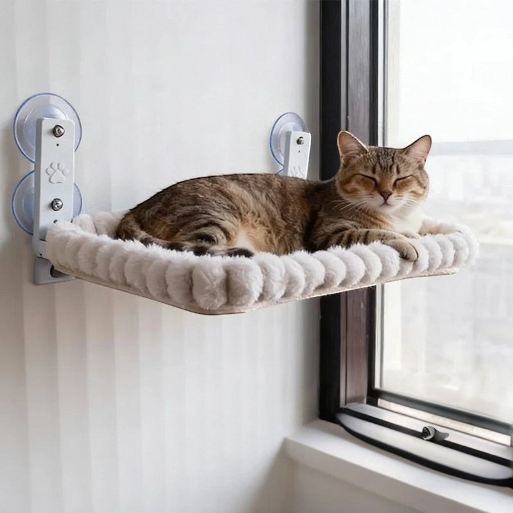 Hamac pour chat Esprit Chat avec ventouses puissantes et coussin en peluche beige fixé à une fenêtre
