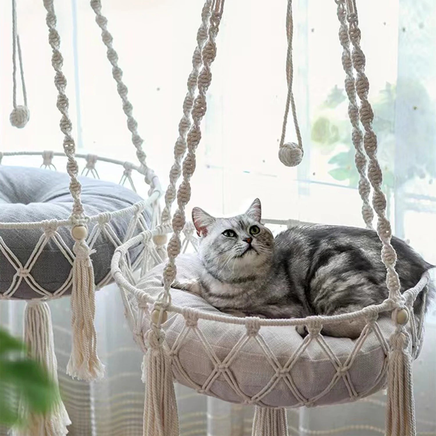 Hamac suspendu en macramé Esprit Chat pour chat avec coussin confortable et cordes tressées décoratives