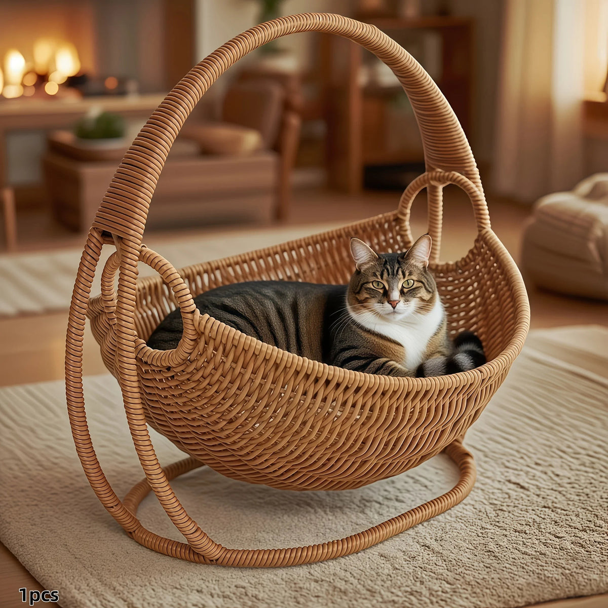 Chat tigré couché dans un hamac en osier tressé sur pied Esprit Chat dans un salon chaleureux