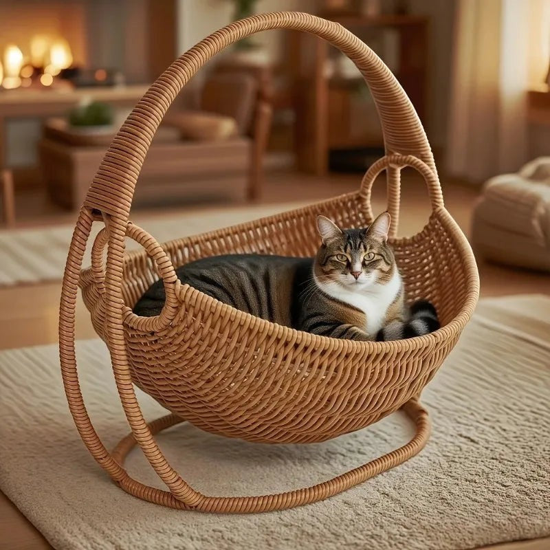 Chat tigré confortablement installé dans un hamac Esprit Chat en osier tressé de style panier suspendu