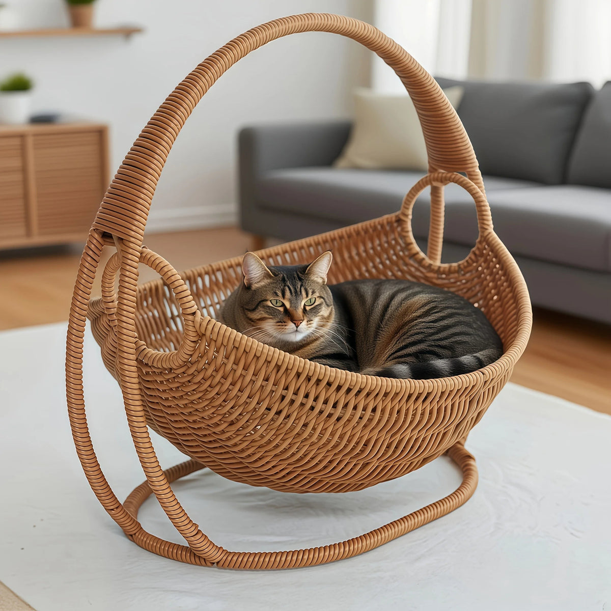 Chat tigré se reposant dans un hamac suspendu en osier tressé Esprit Chat pour un confort élégant
