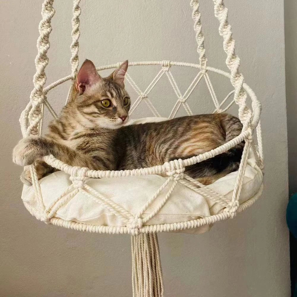 Hamac suspendu Esprit Chat en macramé de coton beige avec un chat tigré confortablement installé à l'intérieur