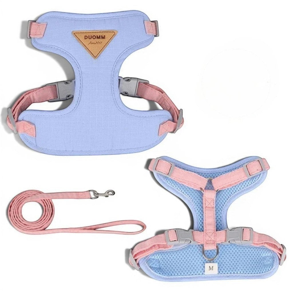 Harnais pour chat anti-évasion bleu ciel et rose en polyester, avec laisse assortie, de la marque Esprit Chat.