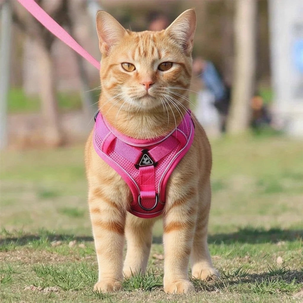 Harnais anti-fugue rose vif en polyester pour chat, avec boucle et sangle de laisse, par Esprit Chat