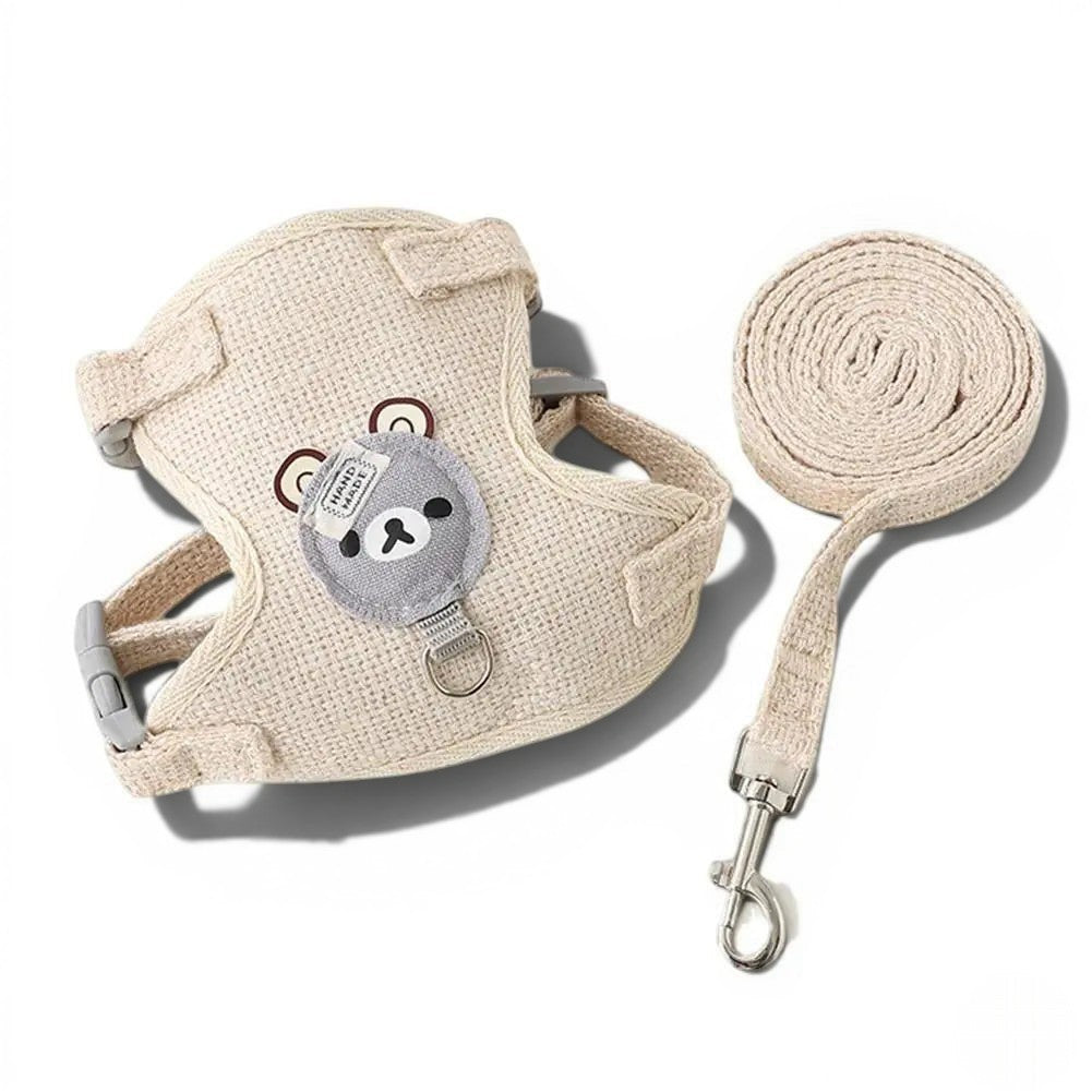 Harnais Esprit Chat beige en polyester avec motif ours mignon et laisse assortie pour promenade sécurisée du chat