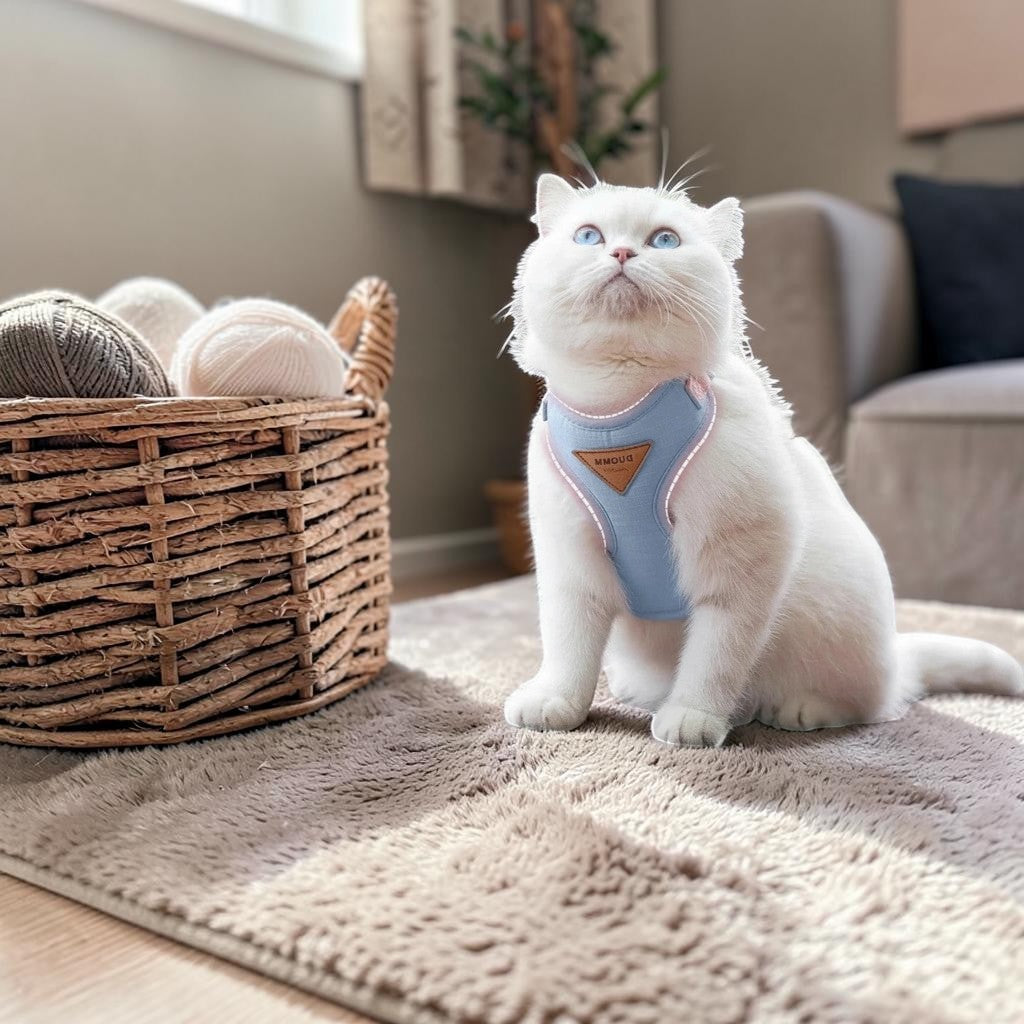 Harnais bleu ciel pour chat en polyester, avec sangle rose et détails réfléchissants, de la marque Esprit Chat.