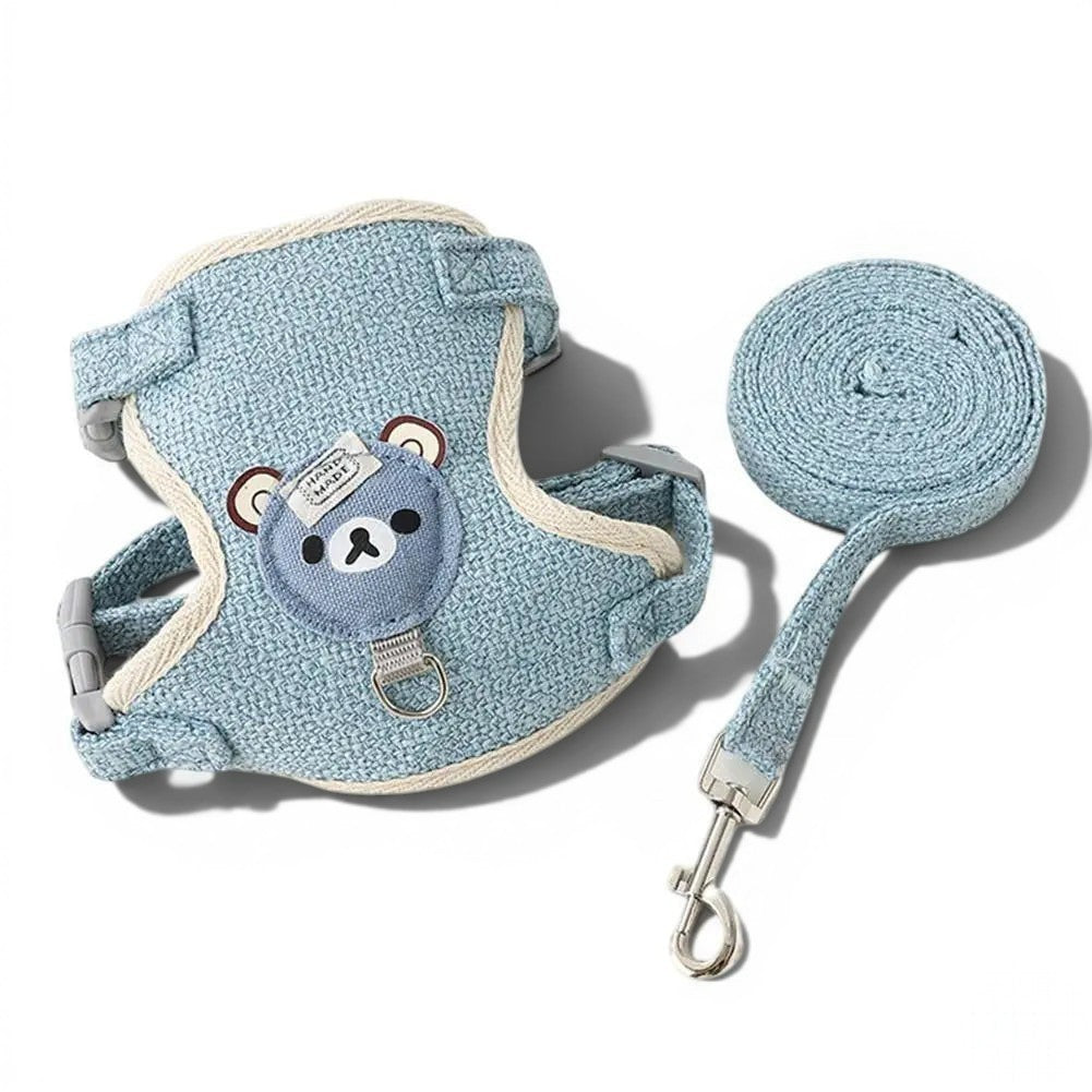 Harnais Esprit Chat bleu en polyester avec motif ours mignon et laisse assortie pour promenade sécurisée du chat