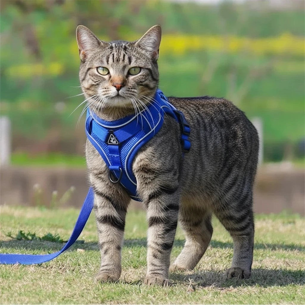 Harnais chat anti-fugue bleu vif en polyester avec laisse, par Esprit Chat