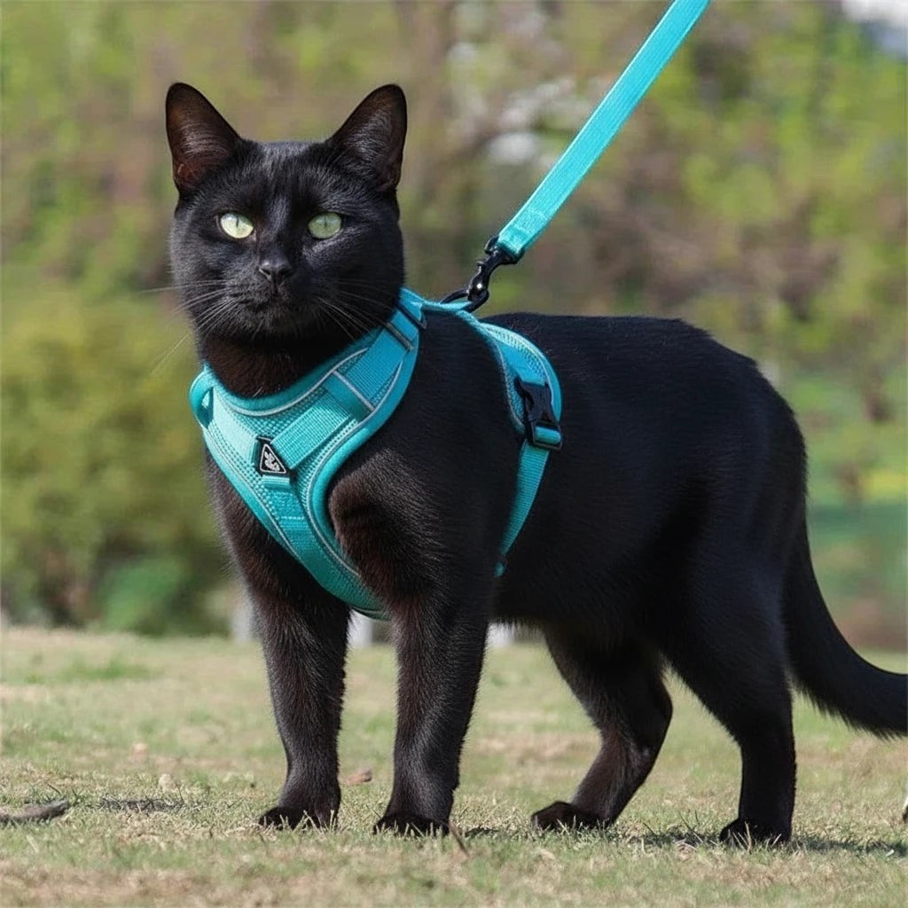 Harnais anti-fugue Esprit Chat bleu sarcelle pour chat, polyester, avec boucle et sangle réfléchissante.