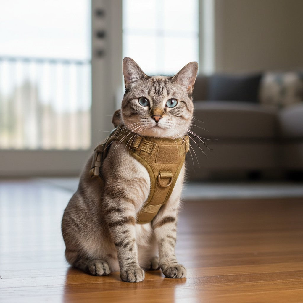 Harnais pour chat Esprit Chat en nylon beige, avec boucle D et système d'attache rapide. Conçu pour le confort et la sécurité.