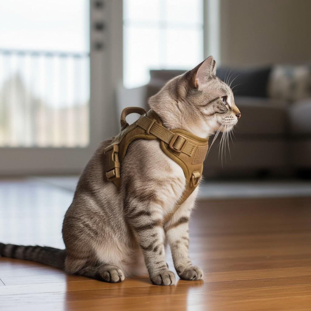 Harnais pour chat Esprit Chat en nylon beige, avec boucle de libération rapide et rembourrage.