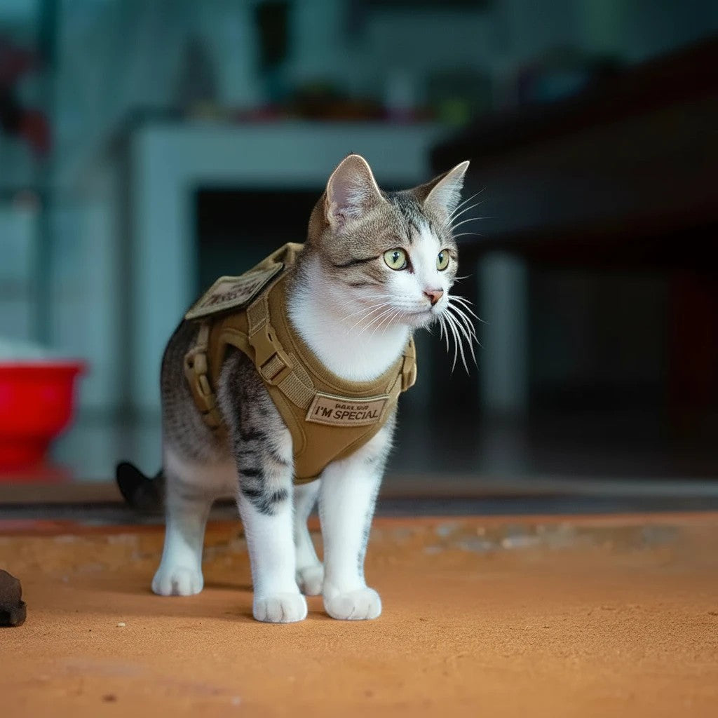 Harnais pour chat Esprit Chat en nylon beige, avec rembourrage et système de libération rapide, réglable.
