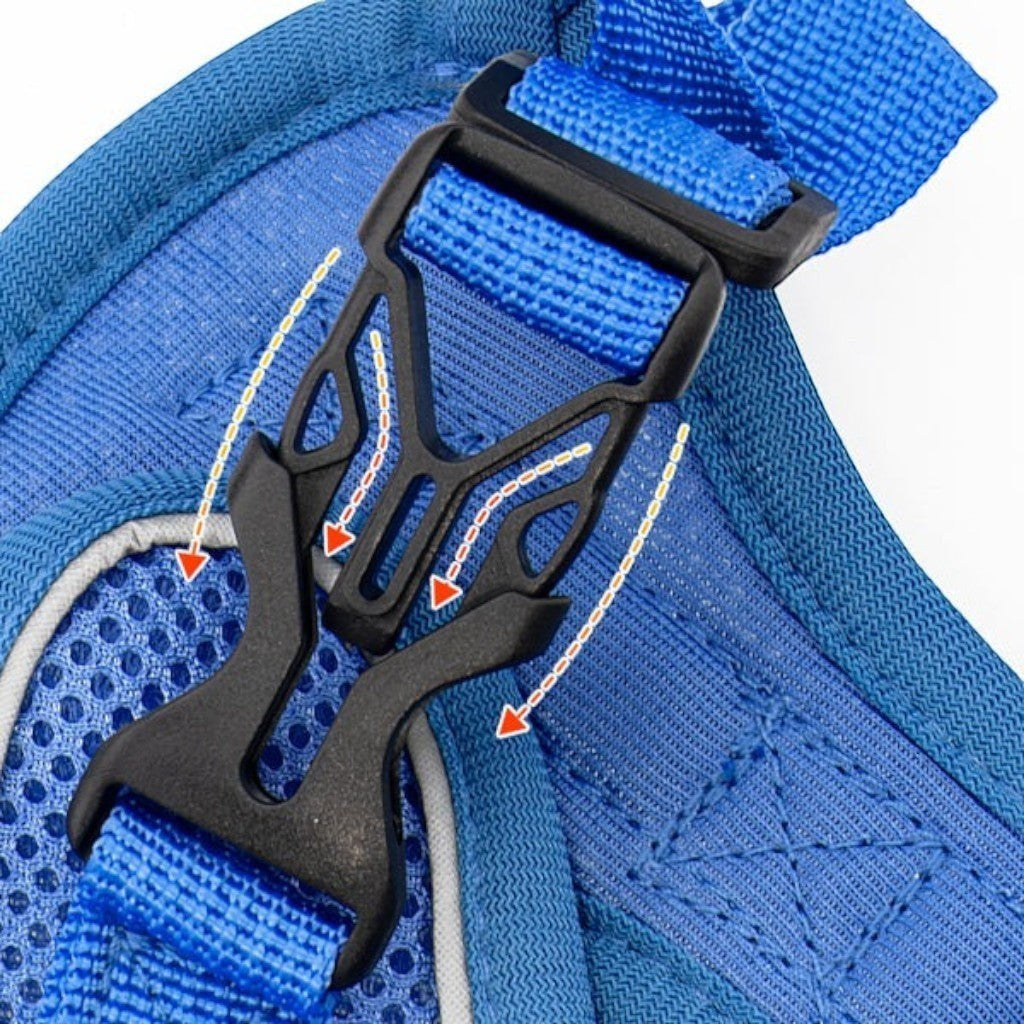 Harnais Esprit Chat bleu en maille respirante avec boucle de sécurité réglable et détails réfléchissants