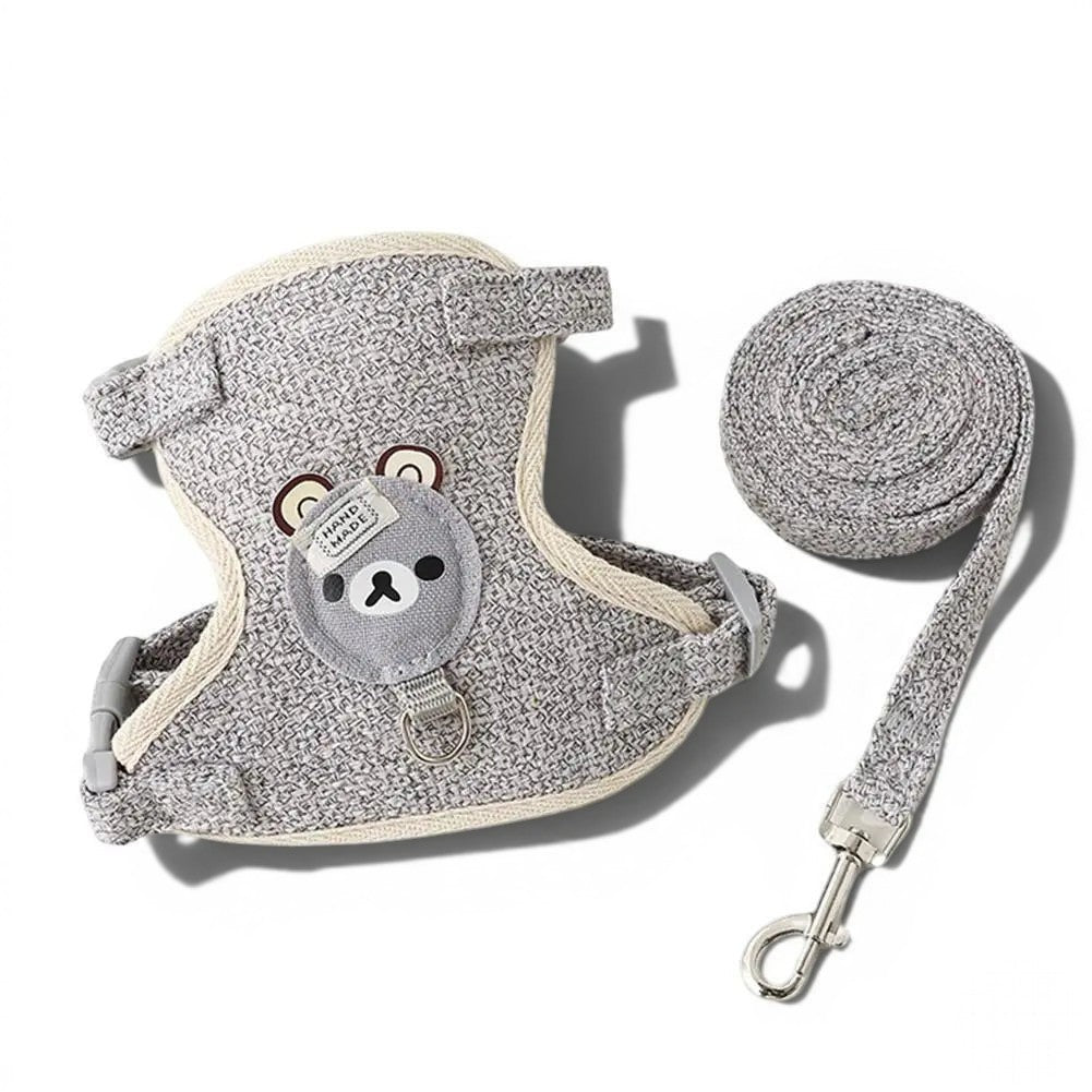 Harnais Esprit Chat gris en polyester avec motif ours mignon et laisse assortie pour chat