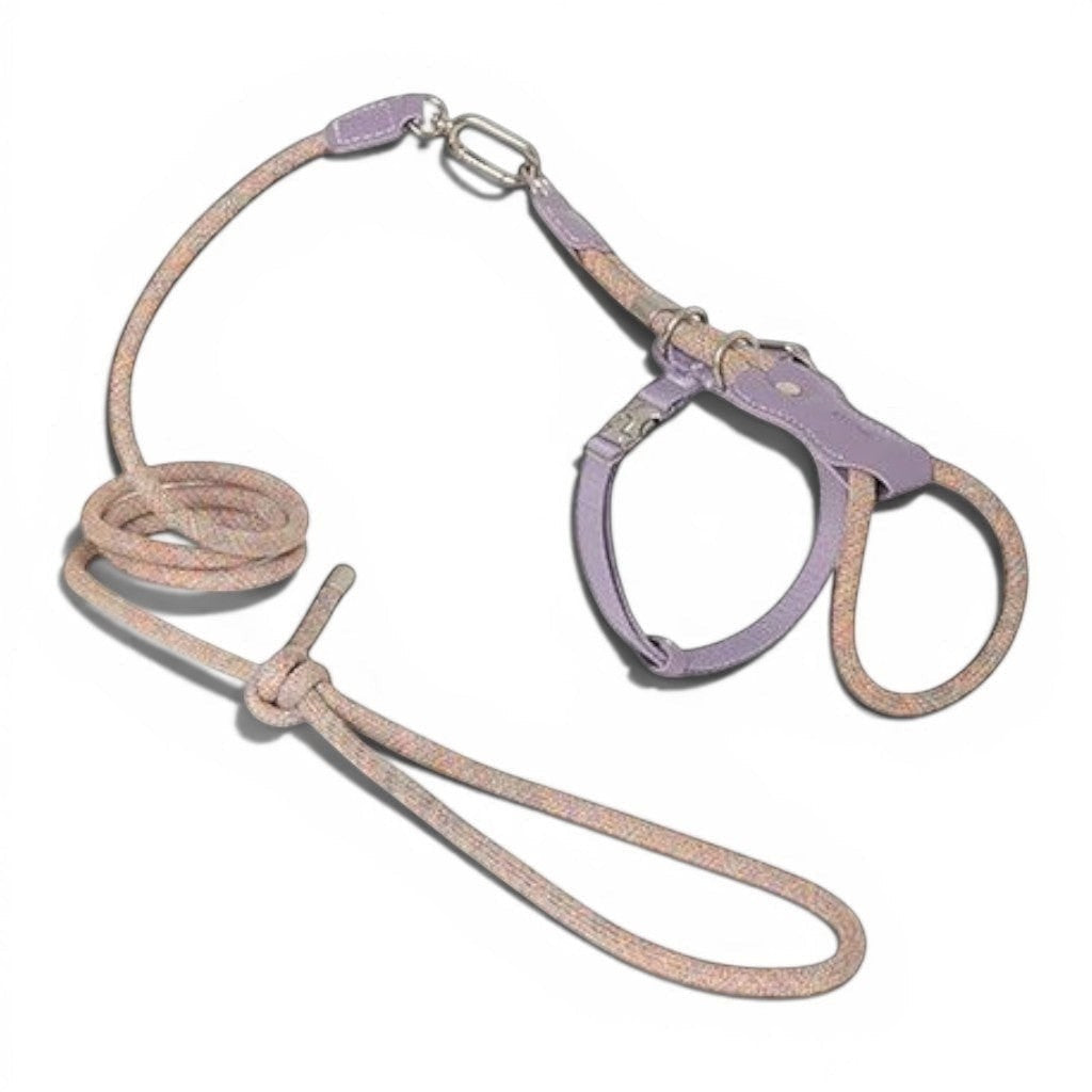 Harnais en H Esprit Chat mauve avec laisse, corde tressée légère, détails en cuir PVC et boucle en alliage de zinc