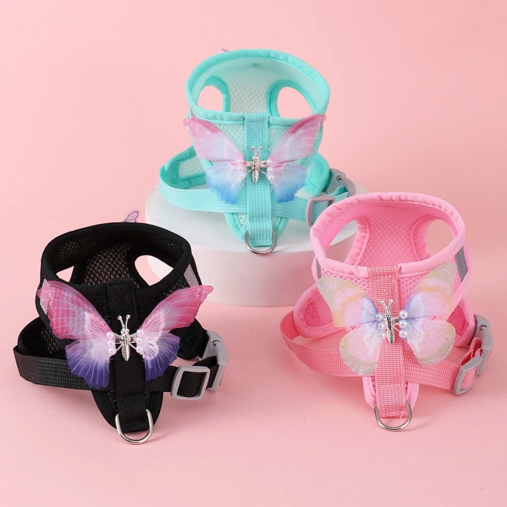 Harnais Esprit Chat pour chat en maille respirante avec décoration papillon colorée, disponible en noir, rose et bleu