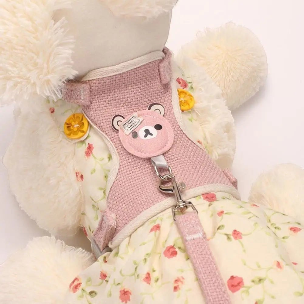 Harnais Esprit Chat rose en polyester avec motif floral et patch ours pour chat, style gilet confortable.