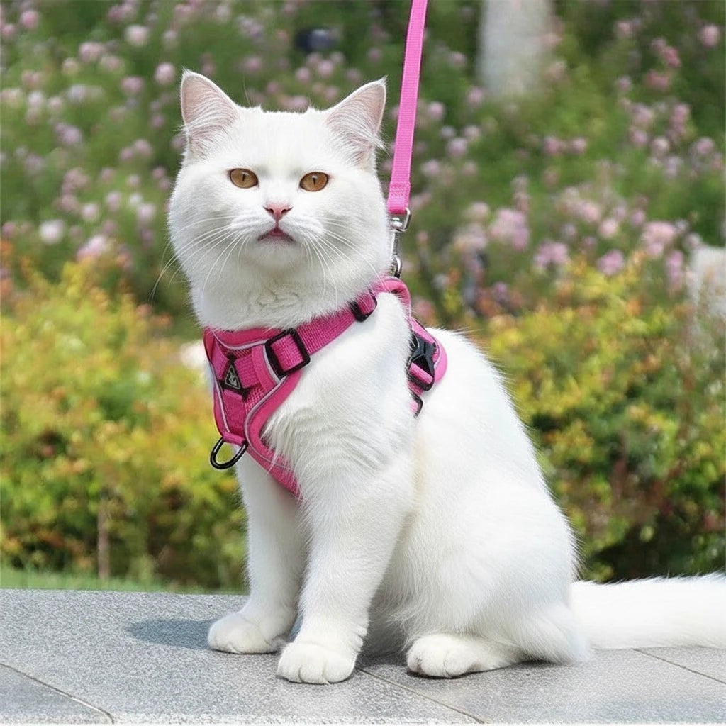 Harnais chat anti-fugue rose en polyester, avec laisse assortie, par Esprit Chat