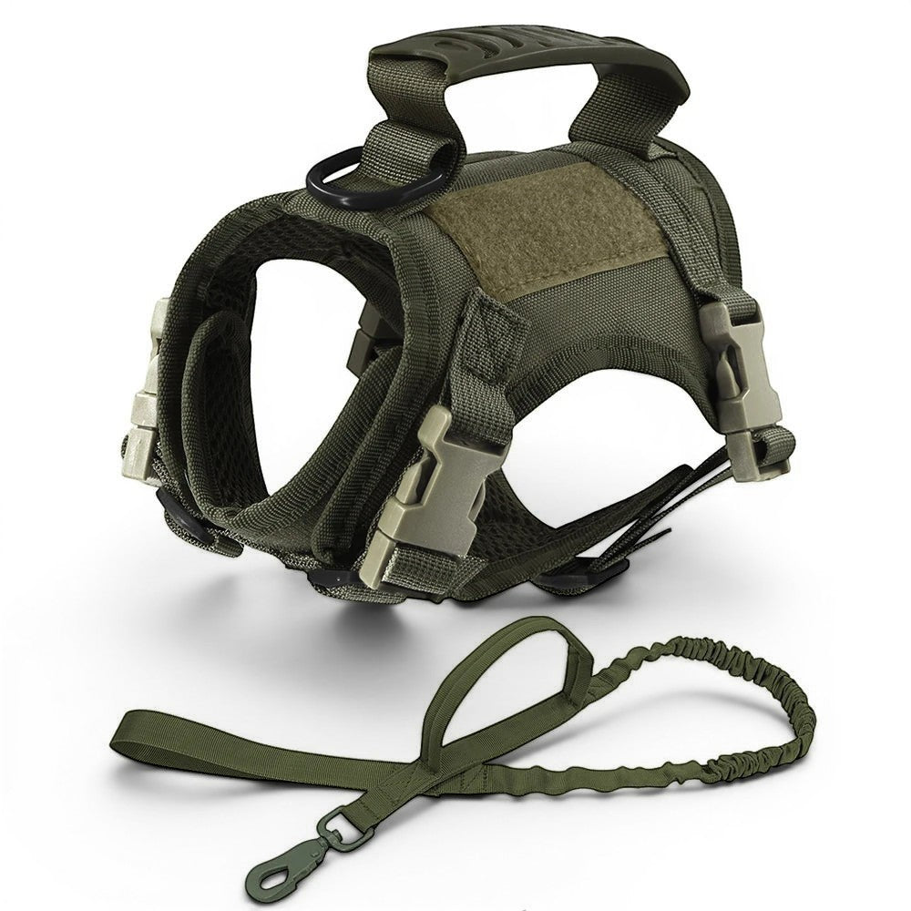 Harnais tactique pour chat Esprit Chat en nylon vert avec poignée intégrée et laisse assortie. Boucles rapides.