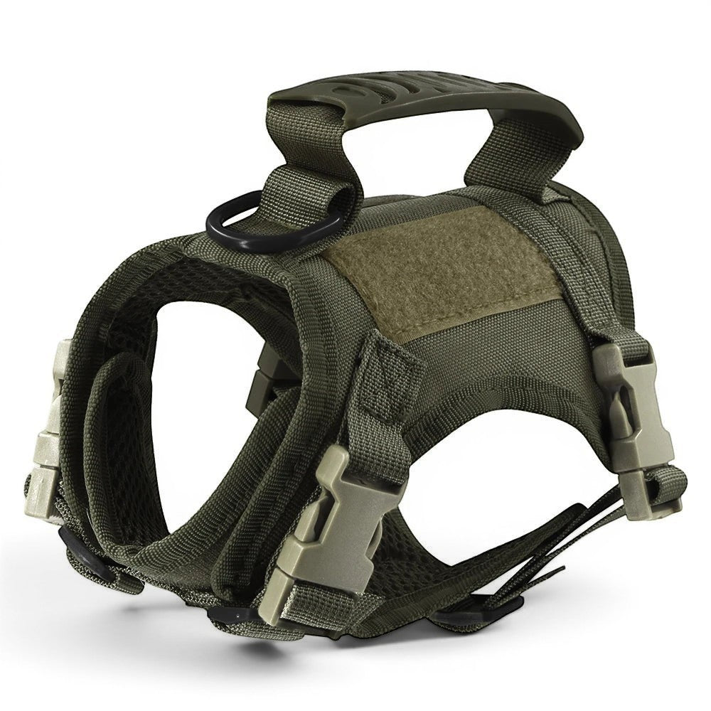 Harnais pour chat Esprit Chat en nylon vert olive avec poignée intégrée et boucle à dégagement rapide.