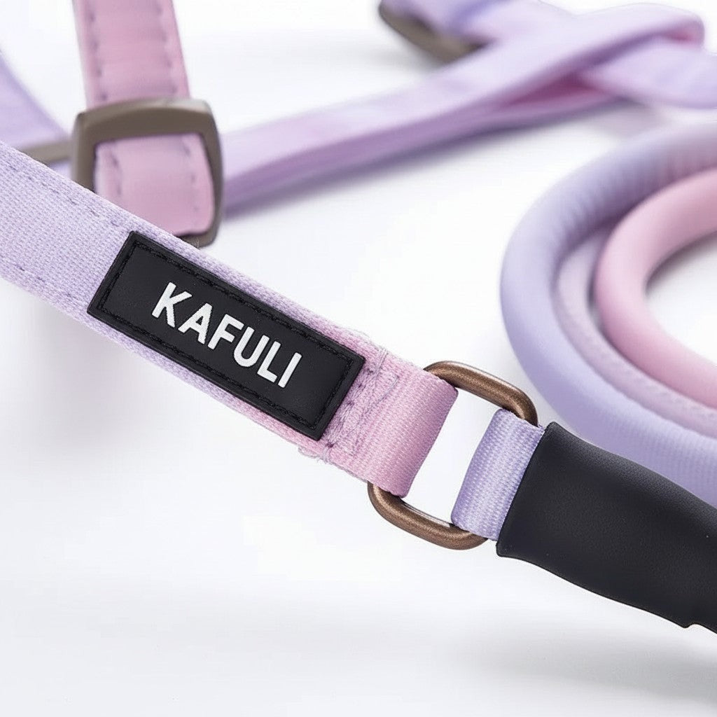 Harnais pour chat Esprit Chat violet avec laisse assortie, doté d'une boucle de sécurité et d'une étiquette KAFULI.